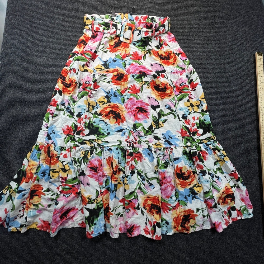 Her Destiny Women L Floral Rayon Linen Tiered Belted Peasant Maxi Skirt Resort